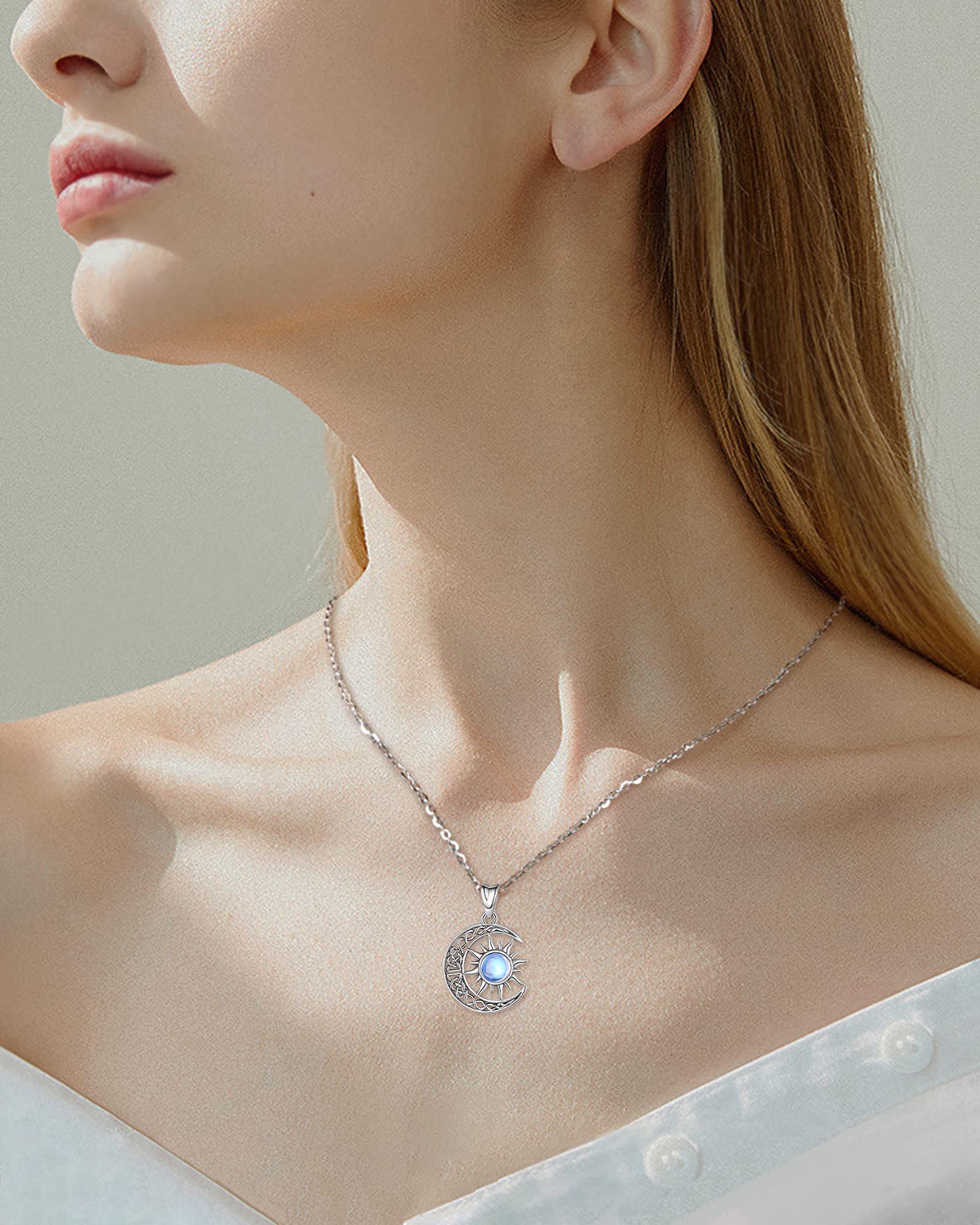 CELESTIA Moon Necklaces for Women Sterling Silver Sun and Moon Pendant Moonstone Jewelry Crescent Moon Gifts for Mother Daughter Sister Wife - 18 Inch Chain