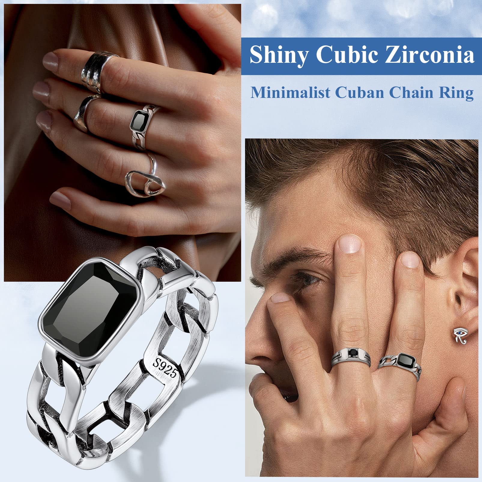 Cuban Link Ring for Men Women Sterling Silver Engagement Band with Dainty Black Cubic Zirconia Wedding Eternity Jewelry