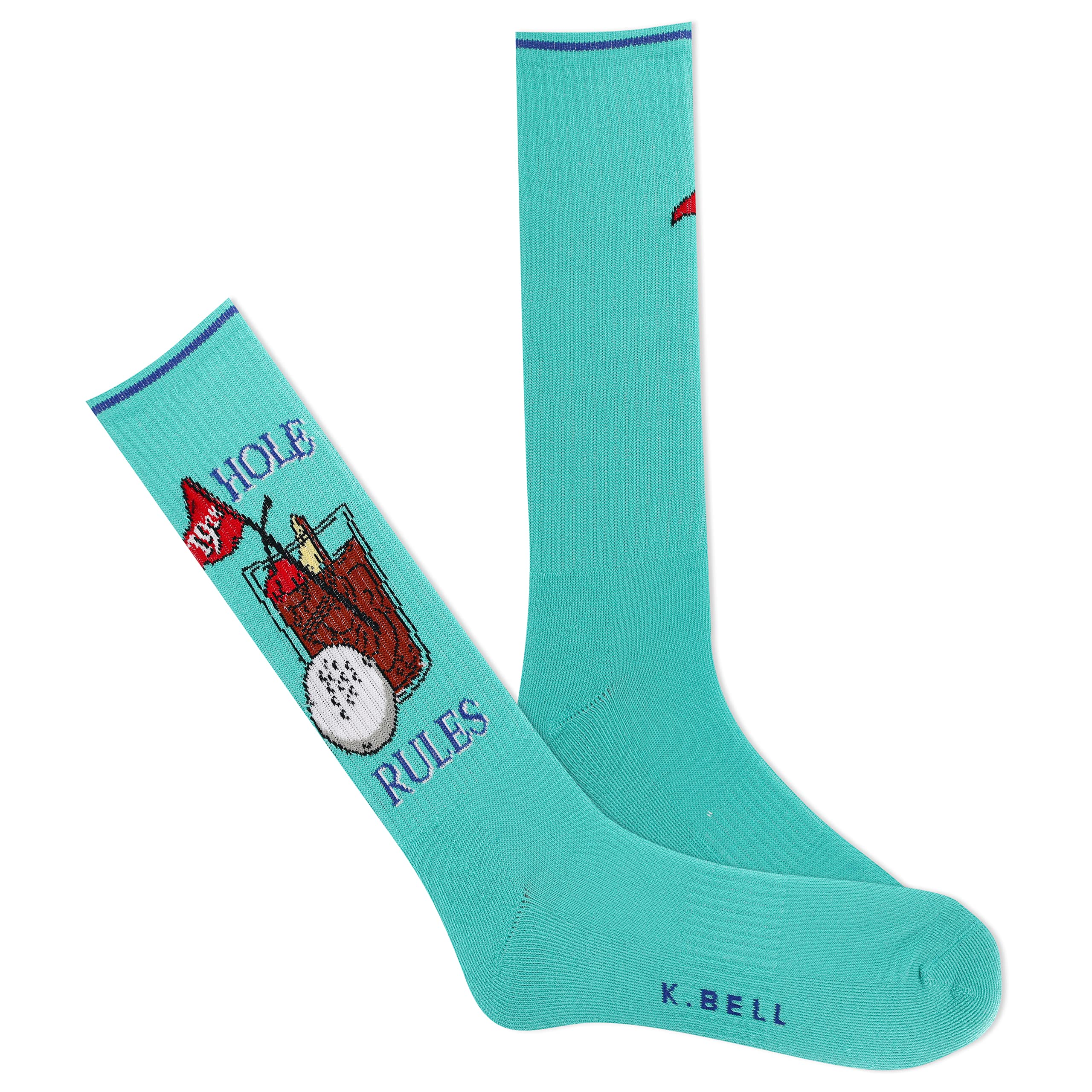 K. Bell Men's Fun Sports & Outdoors Crew Socks-1 Pairs-Cool & Funny Novelty Gifts, 19th Hole (Turquoise), 6.5-12