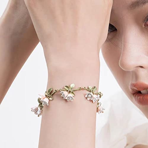 Cualque Lily of the Valley Bracelet Green Paint Valley Lily Leaves Jewelry Freshwater Pearl Vintage Bracelet for Women Bride