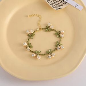 Cualque Lily of the Valley Bracelet Green Paint Valley Lily Leaves Jewelry Freshwater Pearl Vintage Bracelet for Women Bride