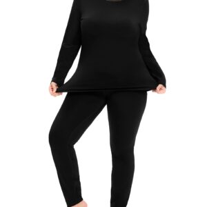 COOTRY Plus Size Thermal Underwear for Women Long Johns Fleece Lined Base Layer Sets Set - Lace Black 3XL