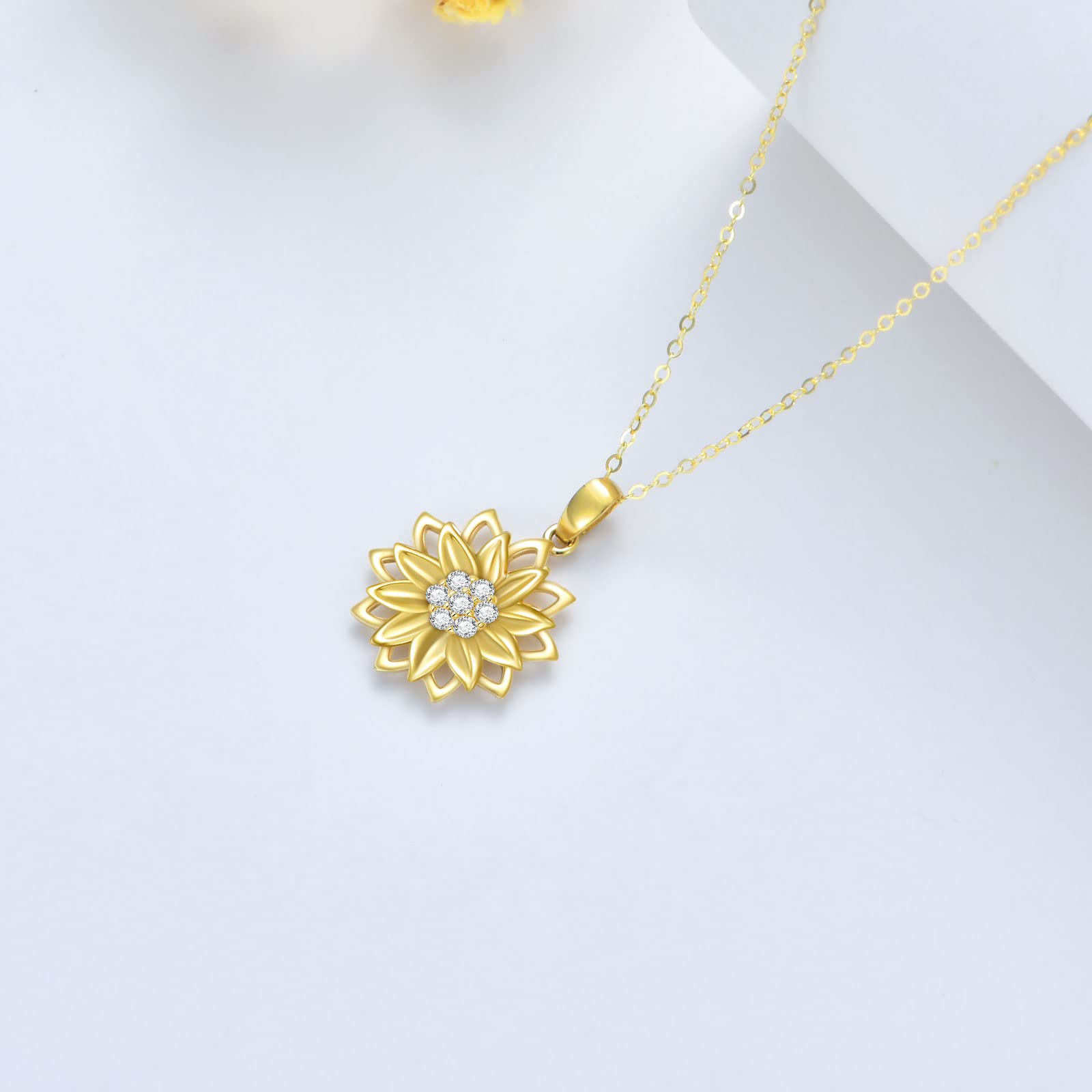 Solid 14K Sunflower Pendant Necklace, Real Gold Flower Necklace for Women You are May Sunshine Necklace Fine Jewelry Gifts for Wife, Mom,16''-18'' (Style 4)