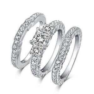 2.8 Ctw Moissanite Princess Cut Wedding Ring Set for Women Platinum Plated Silver 3 Pieces 3 Stone Bridal Ring Set Engagement Ring Set White Gold Bridal Set Anniversary Promise Rings for Her（size 7)