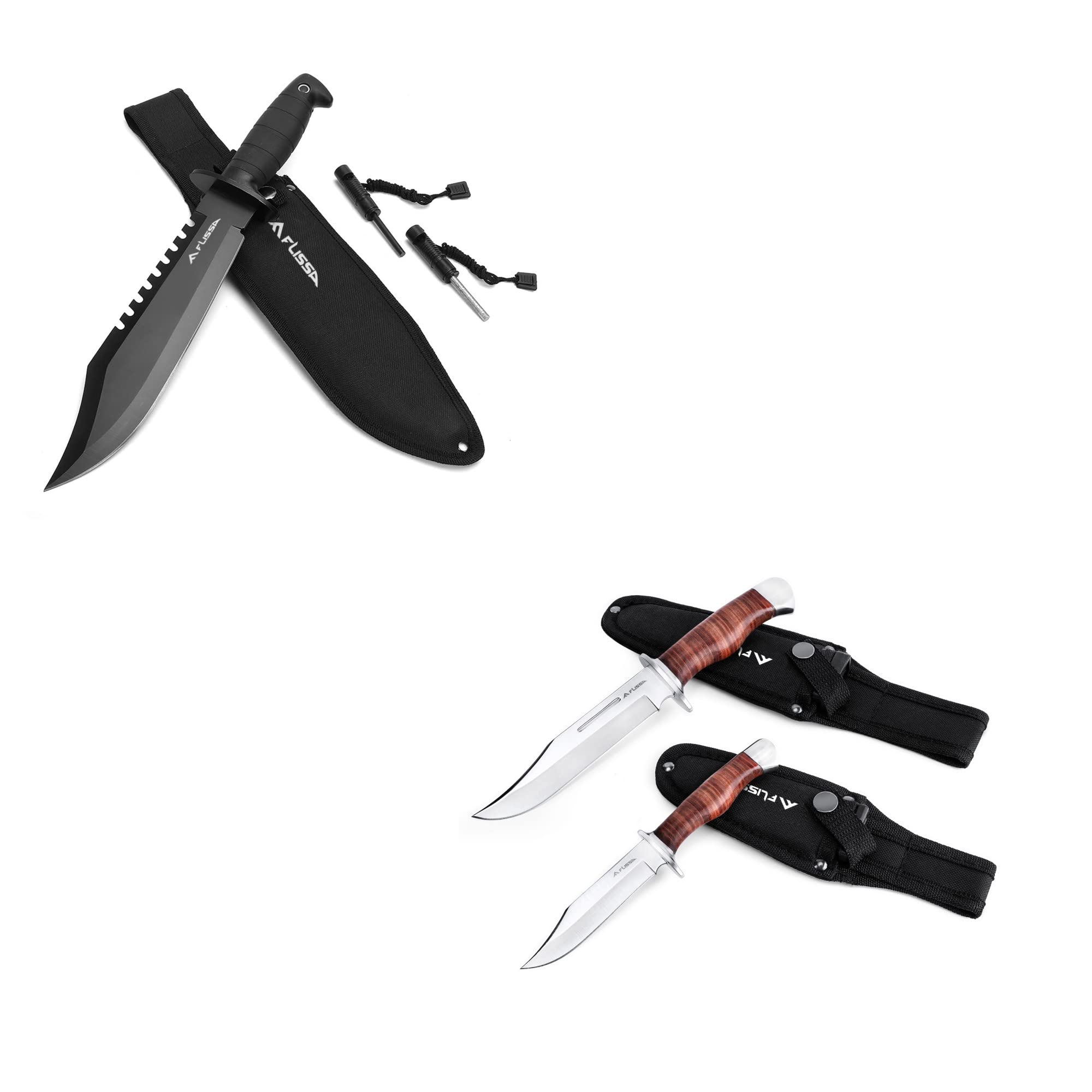 FLISSA 15-inch Fixed Blade Tactical Bowie Knife with Sharpener & Fire Starter and 2-piece Bowie Knife with Sheath