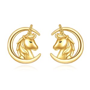 KECHO 14k Gold Unicorn Earrings Solid Gold Animal Moon Stud Earrings for Women Real Gold Jewelry Gifts for Her