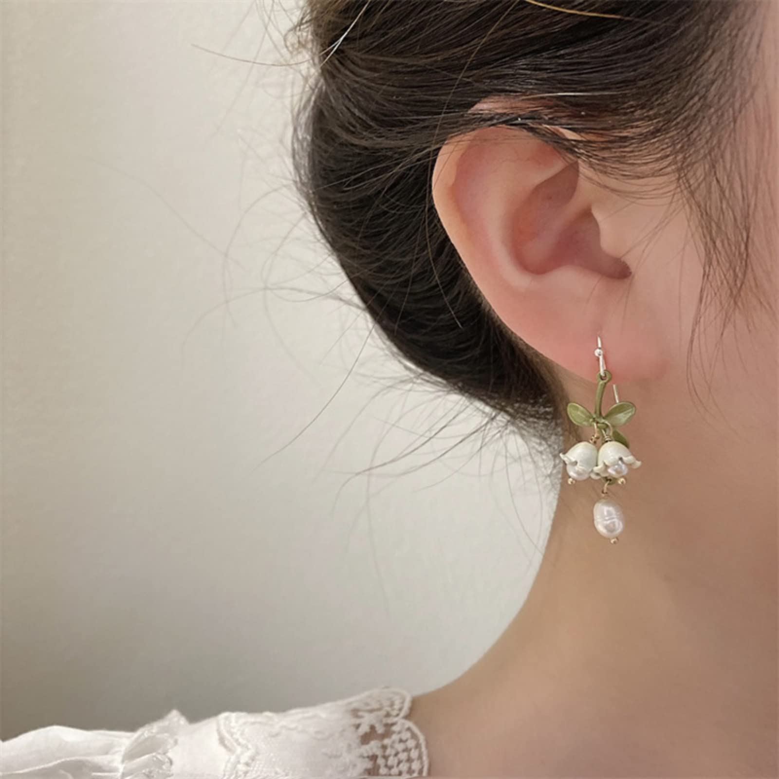 Cualque Lily Earrings 925 Sterling Silver Post Pearl Flower Drop Lily of the Valley Jewelry Pendant Petal Stud Dangle Statement Earring for Women Bride