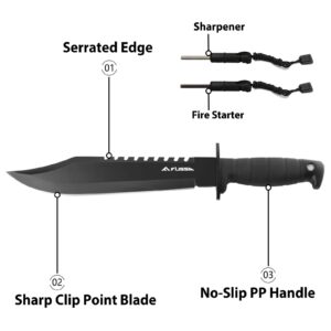 FLISSA 15-inch Fixed Blade Tactical Bowie Knife with Sharpener & Fire Starter and 2-piece Bowie Knife with Sheath