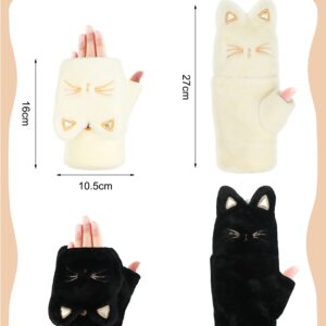 SATINIOR 2 Pairs Winter Gloves Thick Warm Soft Plush Convertible Flip Top Mittens Full Finger Gloves for Women Girls (White, Black, Cat)