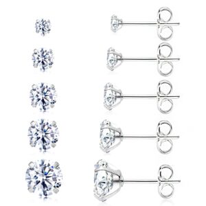 KENMITDY Stud Earrings Set for Women Stainless Steel Earrings Set Hypoallergenic Cubic Zirconia 18K White Gold Plated Round Clear Studs Men 5/6 Pairs