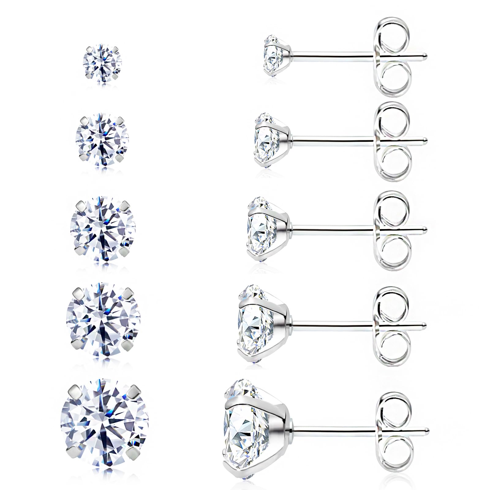 KENMITDY Stud Earrings Set for Women Stainless Steel Earrings Set Hypoallergenic Cubic Zirconia 18K White Gold Plated Round Clear Studs Men 5/6 Pairs