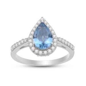 Jewelili Sterling Silver 9x6 MM Pear Cut Aquamarine and Round Created White Sapphire Engagement Ring Size 7