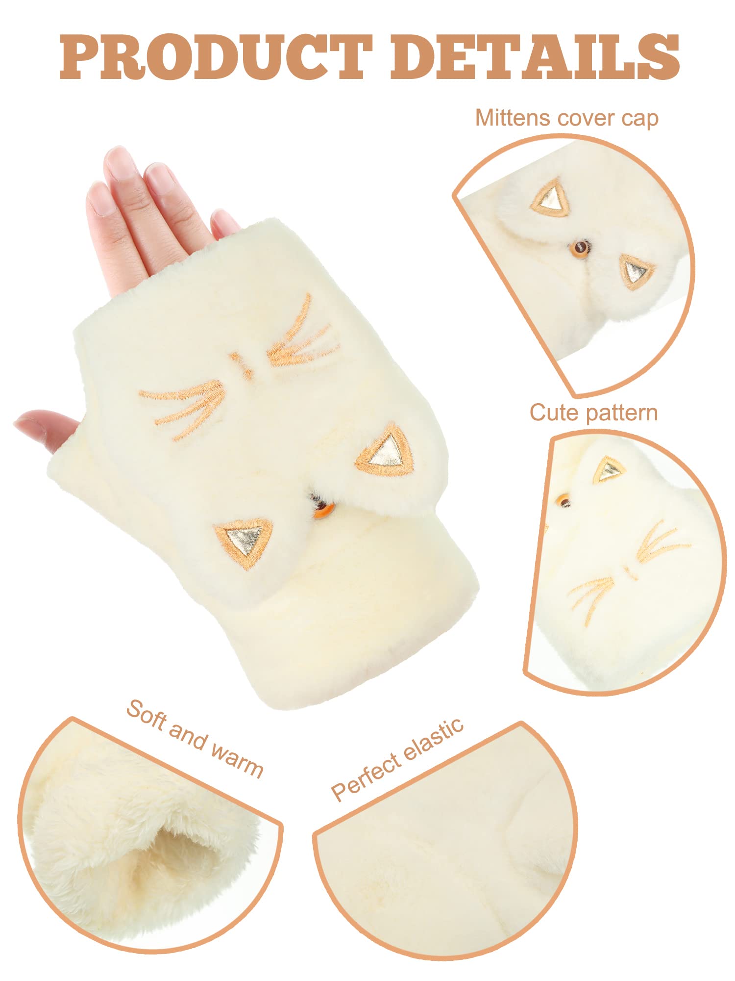 SATINIOR 2 Pairs Winter Gloves Thick Warm Soft Plush Convertible Flip Top Mittens Full Finger Gloves for Women Girls (White, Black, Cat)