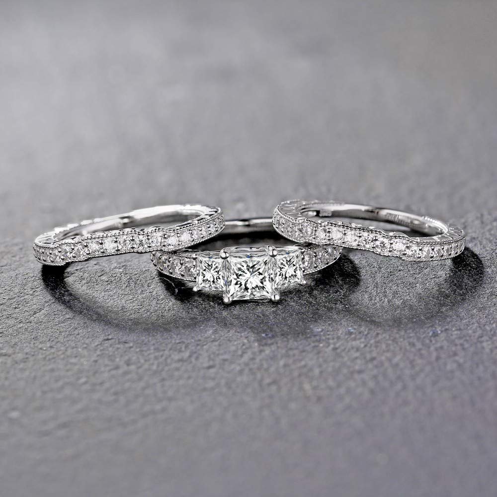 2.8 Ctw Moissanite Princess Cut Wedding Ring Set for Women White Gold 3 Pieces 3 Stone Bridal Ring Set Engagement Ring Set 10K 14K 18K Gold Bridal Set Anniversary Promise Rings for Her(14K)