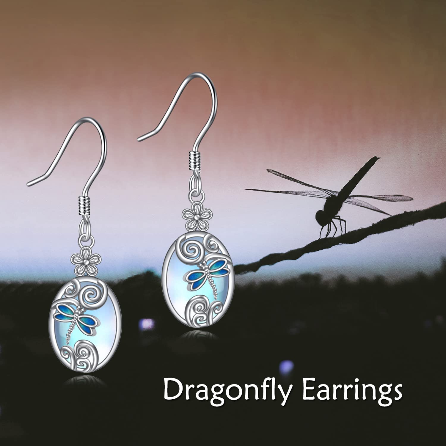 Dragonfly Earrings Christmas Gifts Sterling Silver Filigree Daisy Moonstone Dragonfly Dangle Earrings Jewelry Gifts