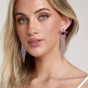 Valentine's Day Earrings Women’s Tassel Earrings Star Ear Stud Pave Crystal Dangle Earrings Boho Waterfall Beaded Fringe Drop Earring (pink)