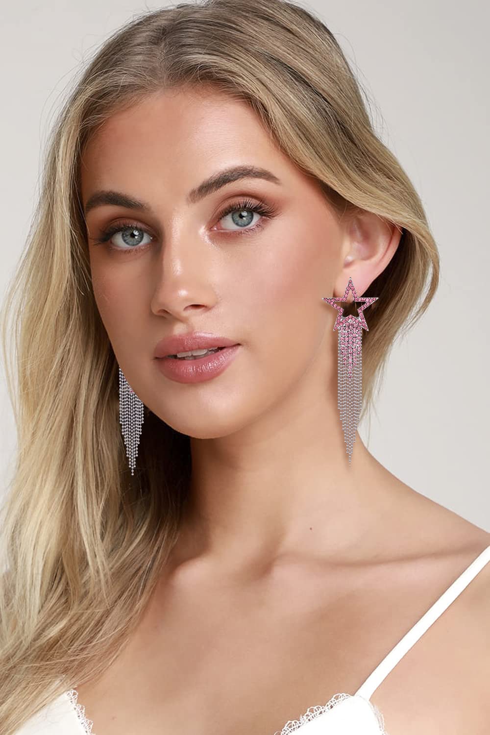 Valentine's Day Earrings Women’s Tassel Earrings Star Ear Stud Pave Crystal Dangle Earrings Boho Waterfall Beaded Fringe Drop Earring (pink)