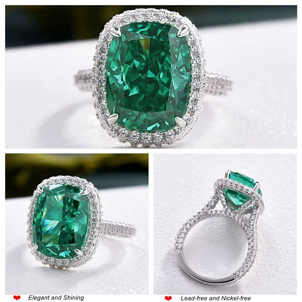 Effinny 8.0ct Gorgeous Emerald Dark Green Gemstone Engagement Ring,925 Sterling Silver Paraiba Tourmaline Big Cushion Cut Halo Promise Ring