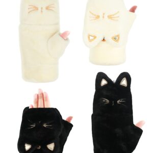 SATINIOR 2 Pairs Winter Gloves Thick Warm Soft Plush Convertible Flip Top Mittens Full Finger Gloves for Women Girls (White, Black, Cat)