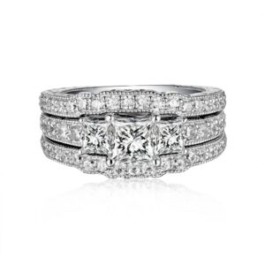 2.8 Ctw Moissanite Princess Cut Wedding Ring Set for Women White Gold 3 Pieces 3 Stone Bridal Ring Set Engagement Ring Set 10K 14K 18K Gold Bridal Set Anniversary Promise Rings for Her(14K)