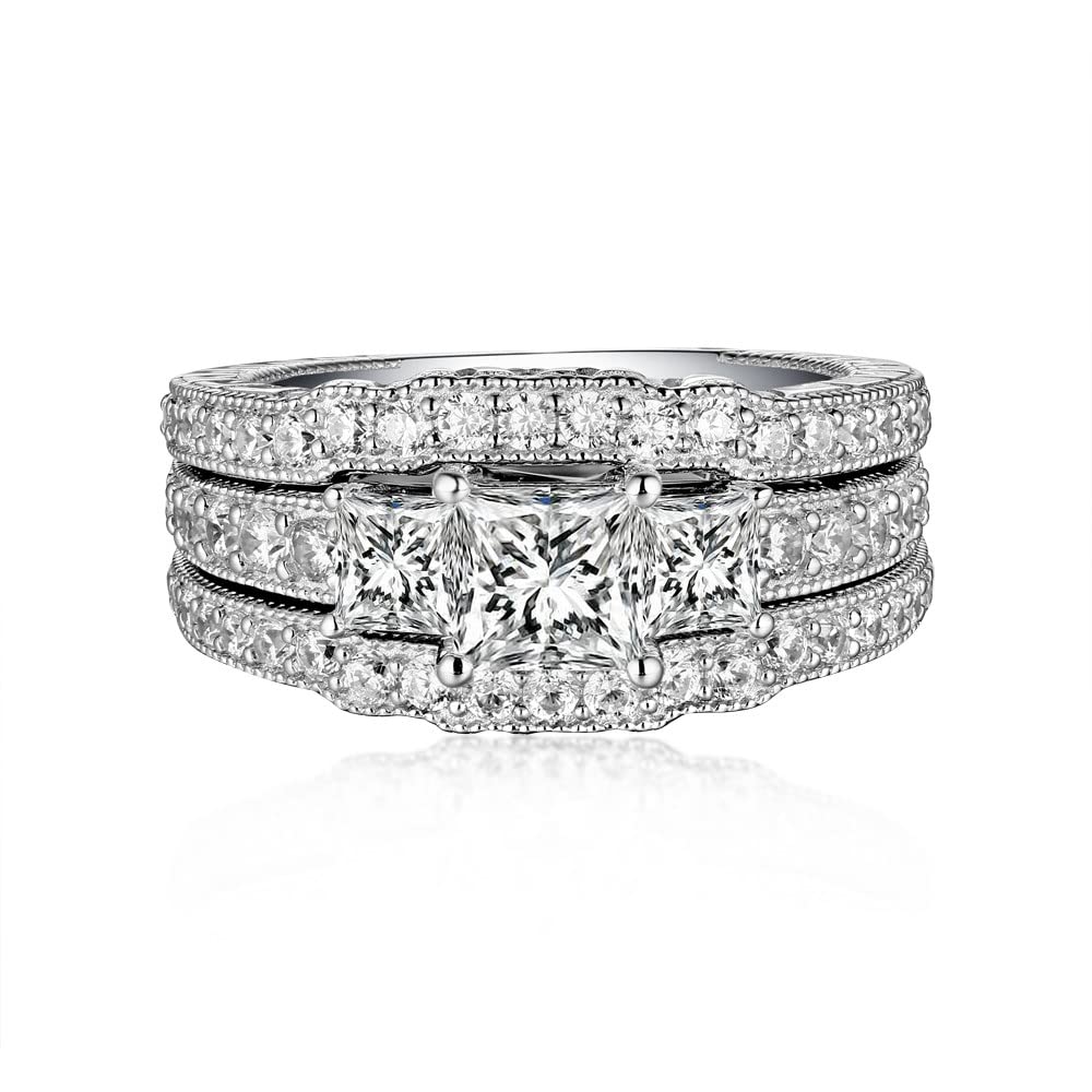 2.8 Ctw Moissanite Princess Cut Wedding Ring Set for Women White Gold 3 Pieces 3 Stone Bridal Ring Set Engagement Ring Set 10K 14K 18K Gold Bridal Set Anniversary Promise Rings for Her(14K)