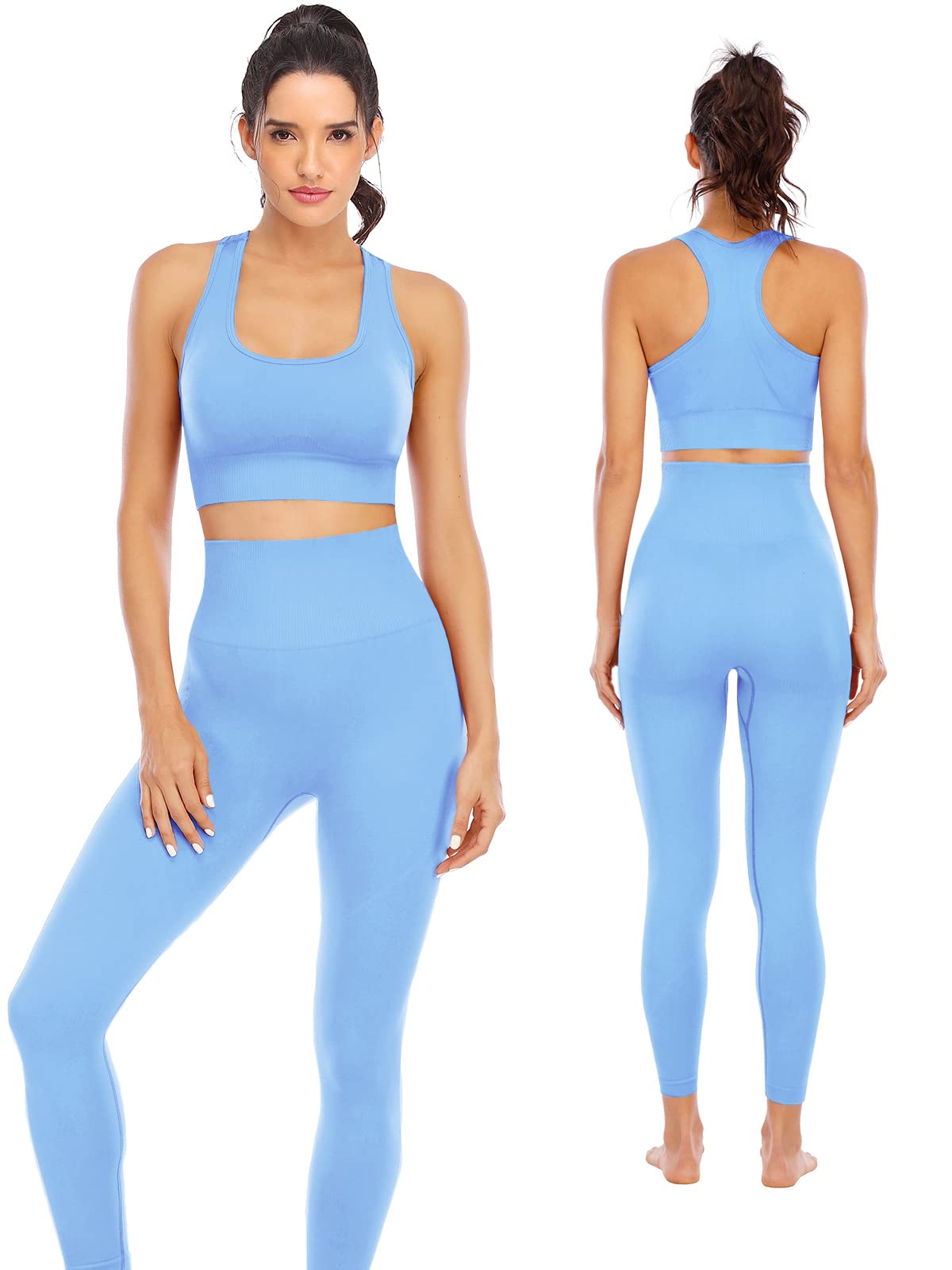 NOVA ACTIVE Workout Sets for Women 2 Piece High Waisted Seamless Leggings with Padded Stretchy Sports Bra Sets Yoga Outfit Jogging Gym Clothes(N007S-Blue)