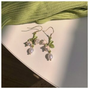 Cualque Lily Earrings 925 Sterling Silver Post Pearl Flower Drop Lily of the Valley Jewelry Pendant Petal Stud Dangle Statement Earring for Women Bride