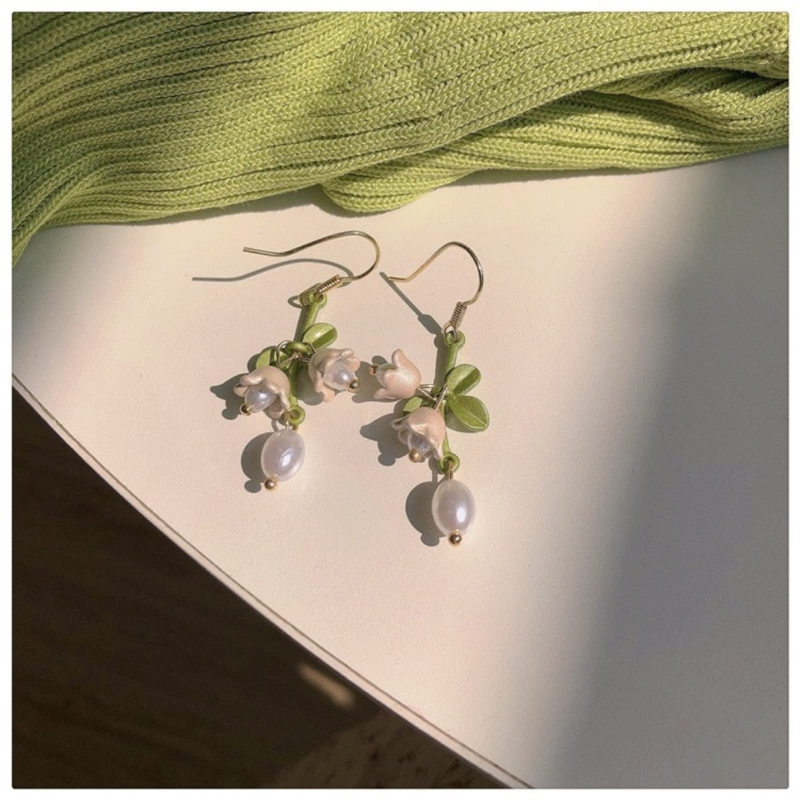 Cualque Lily Earrings 925 Sterling Silver Post Pearl Flower Drop Lily of the Valley Jewelry Pendant Petal Stud Dangle Statement Earring for Women Bride