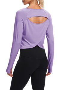 bestisun women athletic workout dry fit long sleeve open back workout shirts yoga top gym shirt cropped sweaters light purple m