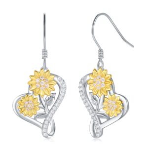 925 Sterling Silver Sunflower Earrings for Women - Hypoallergenic Cubic Zirconia Infinity Heart Dangle Jewelry for Teen Couples Family (Yellow Sunflower)