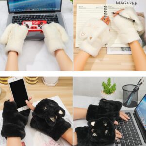 SATINIOR 2 Pairs Winter Gloves Thick Warm Soft Plush Convertible Flip Top Mittens Full Finger Gloves for Women Girls (White, Black, Cat)