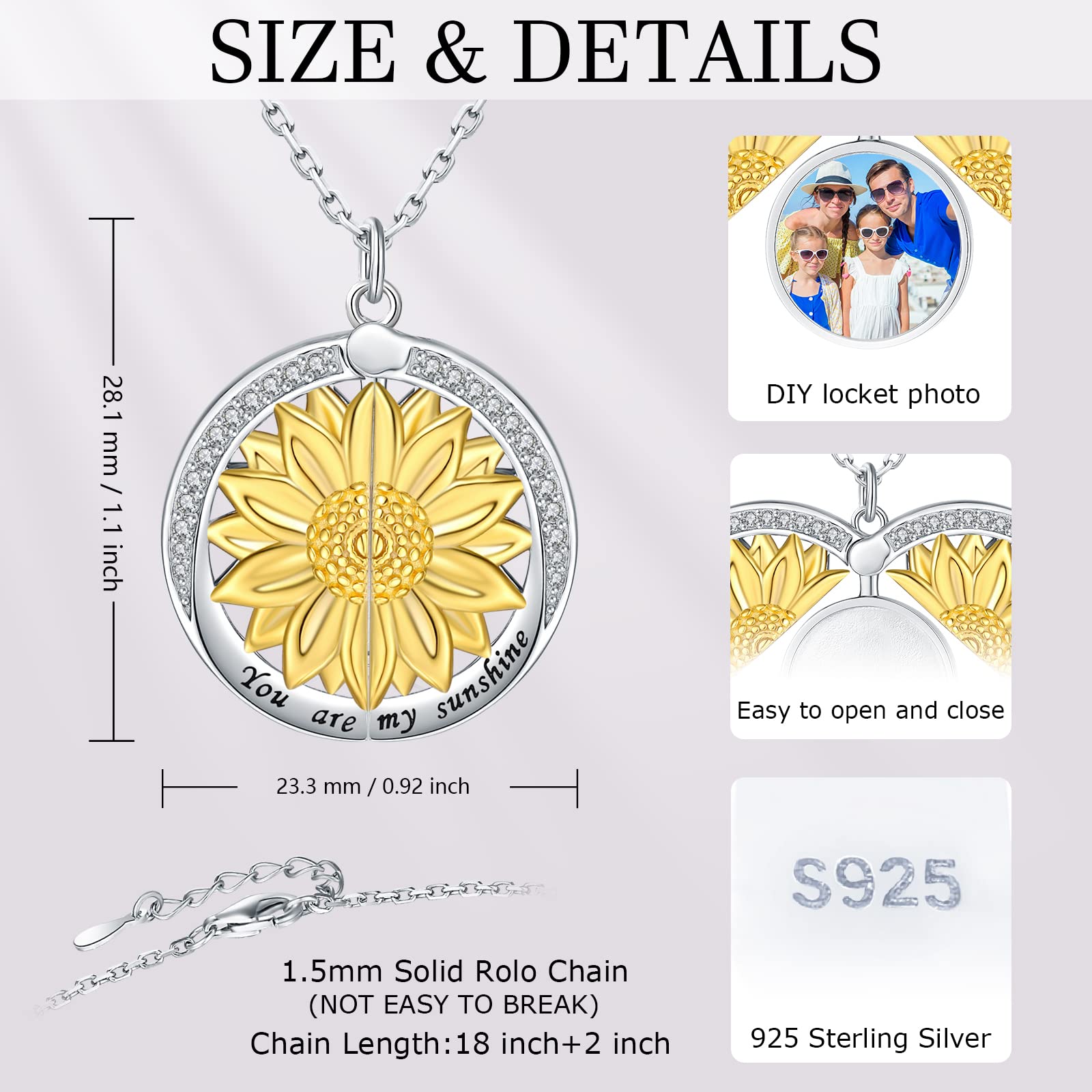 You are My Sunshine Necklace Sunflower Jewelry for Women - 925 Sterling Silver Locket with Engraved Hidden Message Pendant Mother's Day Gifts for Couples Mother Daughter (Gold Photo Locket)