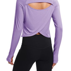 Bestisun Women Athletic Workout Dry Fit Long Sleeve Open Back Workout Shirts Yoga Top Gym Shirt Cropped Sweaters Light Purple M