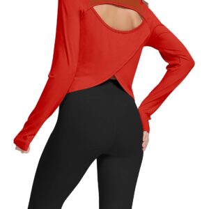 Mippo Womens Long Sleeve Workout Shirts Athletic Shirt Yoga Top Gym Wear Open Back Workout Top Cropped Workout Top Work Out Tshirts Pilates Clothes for Women Red L