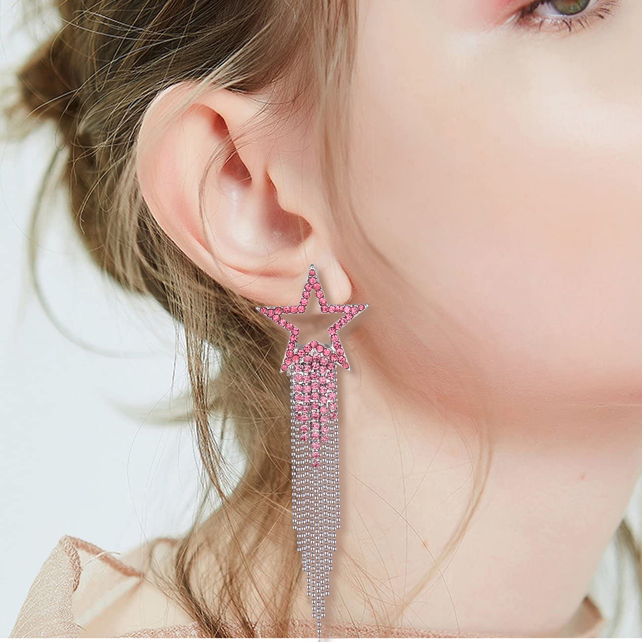 Valentine's Day Earrings Women’s Tassel Earrings Star Ear Stud Pave Crystal Dangle Earrings Boho Waterfall Beaded Fringe Drop Earring (pink)