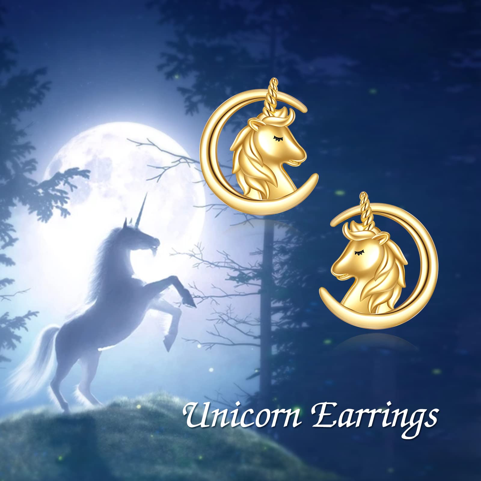 KECHO 14k Gold Unicorn Earrings Solid Gold Animal Moon Stud Earrings for Women Real Gold Jewelry Gifts for Her