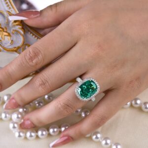 Effinny 8.0ct Gorgeous Emerald Dark Green Gemstone Engagement Ring,925 Sterling Silver Paraiba Tourmaline Big Cushion Cut Halo Promise Ring