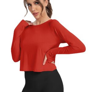 Mippo Womens Long Sleeve Workout Shirts Athletic Shirt Yoga Top Gym Wear Open Back Workout Top Cropped Workout Top Work Out Tshirts Pilates Clothes for Women Red L