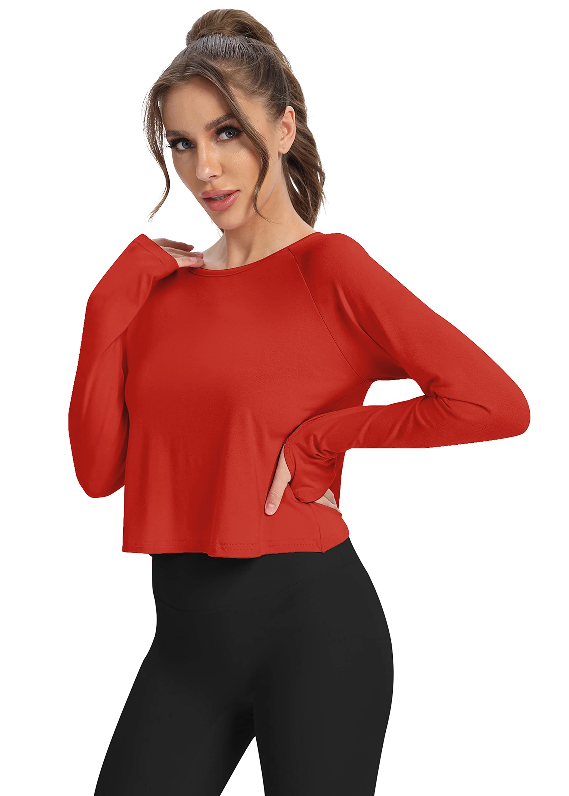 Mippo Womens Long Sleeve Workout Shirts Athletic Shirt Yoga Top Gym Wear Open Back Workout Top Cropped Workout Top Work Out Tshirts Pilates Clothes for Women Red L