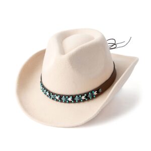 Gossifan Western Cowboy & Cowgirl Hat Felt Wide Brim Women Men Fedora Hats-B Belt Beige