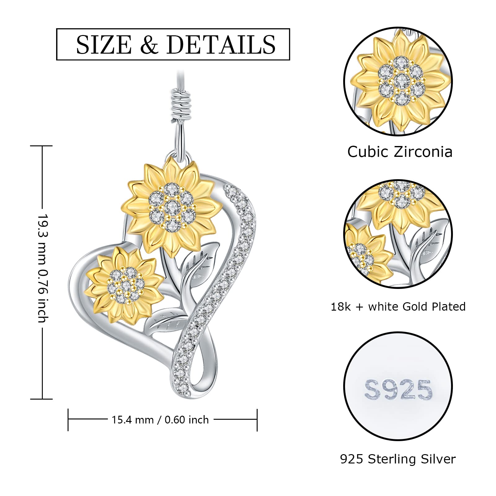 925 Sterling Silver Sunflower Earrings for Women - Hypoallergenic Cubic Zirconia Infinity Heart Dangle Jewelry for Teen Couples Family (Yellow Sunflower)