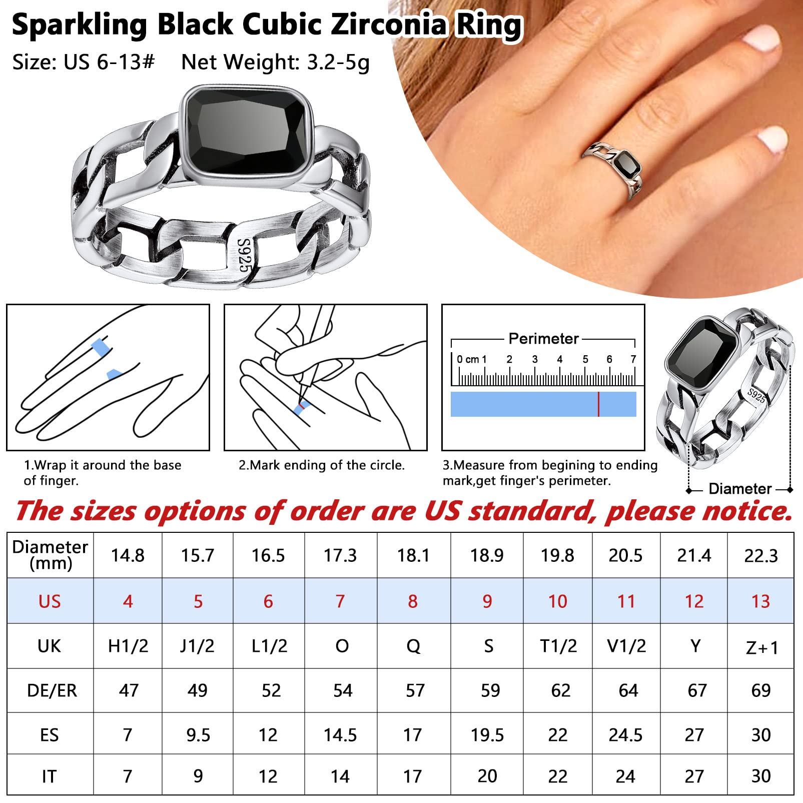 Womens Cuban Link Chain Wedding Band Black Cubic Zirconia Engagement Ring Couple Jewelry Gift for Girlfriend Size 7