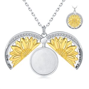 You are My Sunshine Necklace Sunflower Jewelry for Women - 925 Sterling Silver Locket with Engraved Hidden Message Pendant Mother's Day Gifts for Couples Mother Daughter (Gold Photo Locket)