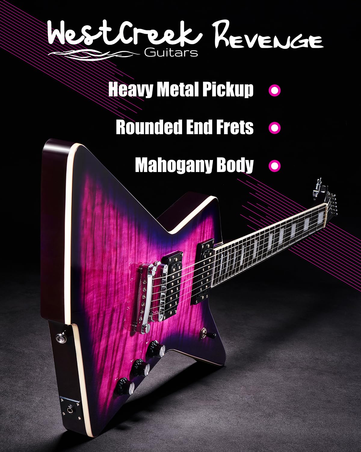 WestCreek Revenge Solid Body Electric Guitar, Heavy Metal Guitar, Right Handed, Alnico Humbucker Pickups, Rounded End Jumbo Frets, Bone nut, Rosewood Fretboard, Mahogany Body Purple