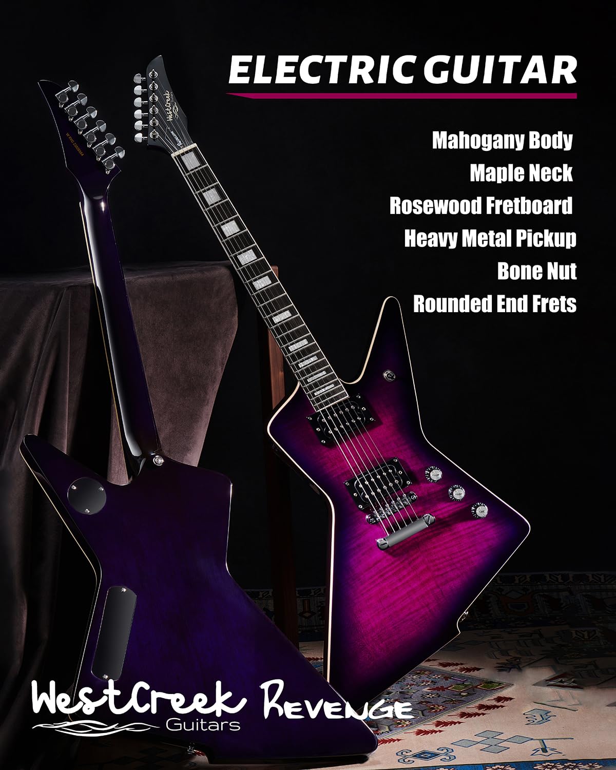 WestCreek Revenge Solid Body Electric Guitar, Heavy Metal Guitar, Right Handed, Alnico Humbucker Pickups, Rounded End Jumbo Frets, Bone nut, Rosewood Fretboard, Mahogany Body Purple