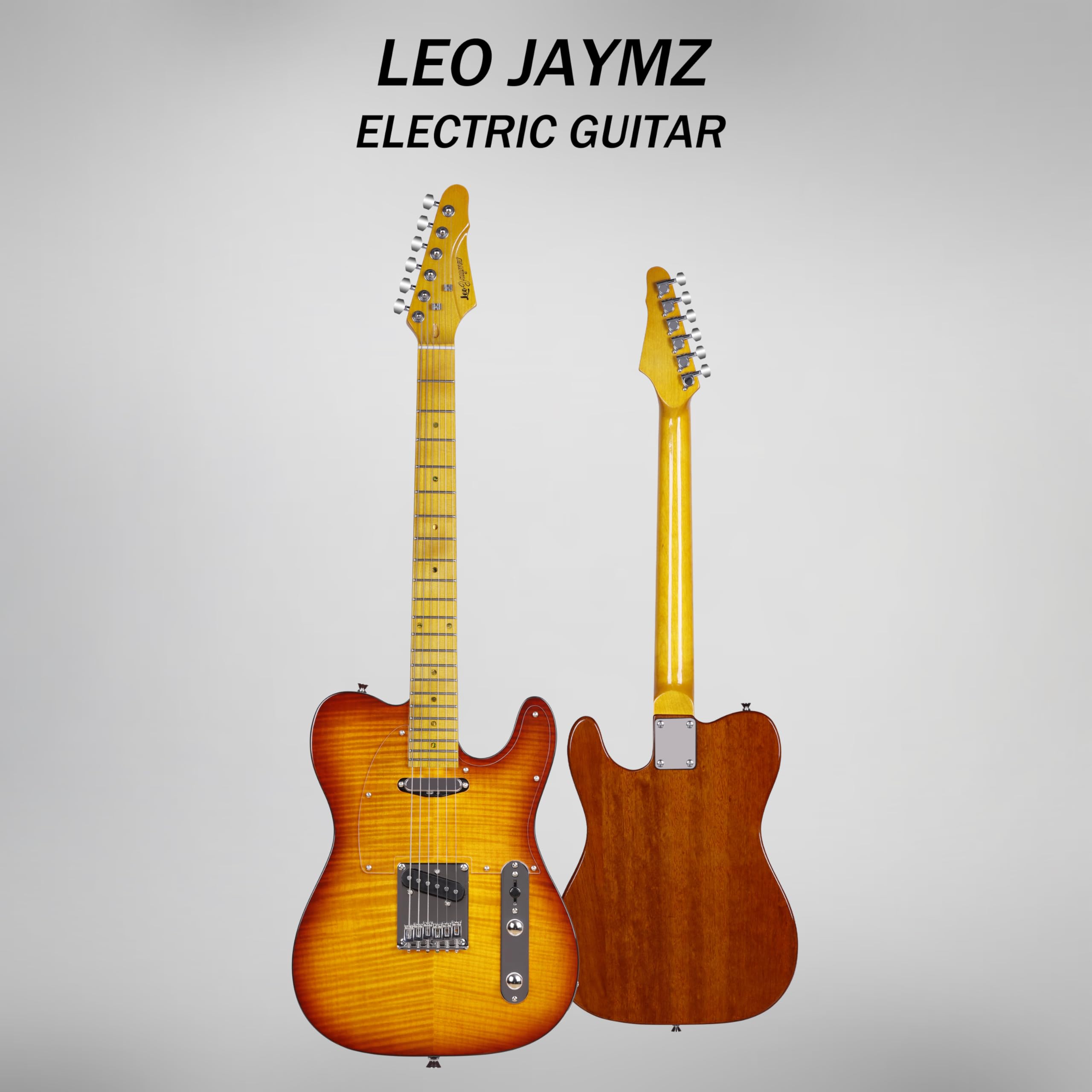 Leo Jaymz TL Style Electric Guitar with Flame Maple Top - High Gloss Mahogany Body and Hard Maple Neck - High Transparent Acrylic Pickguard (Transparent Honey Burst, Deluxe)