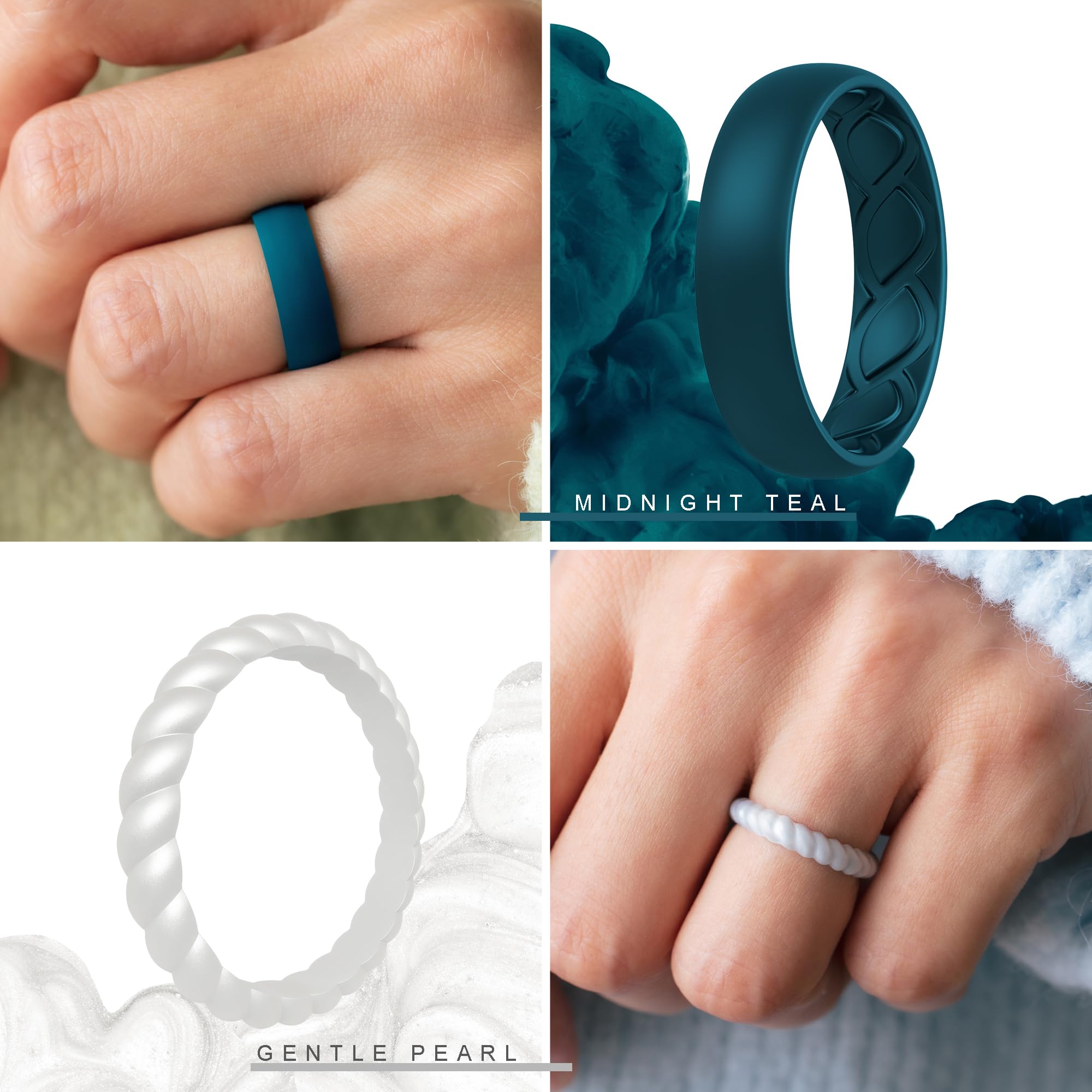 Saco Band Silicone Ring Wedding Band for Women - 10 Pack Ring Set (White, Black, Pearl Silver A, Dark Teal B, Purple 2613 - Size 6.5-7 (17.35mm))