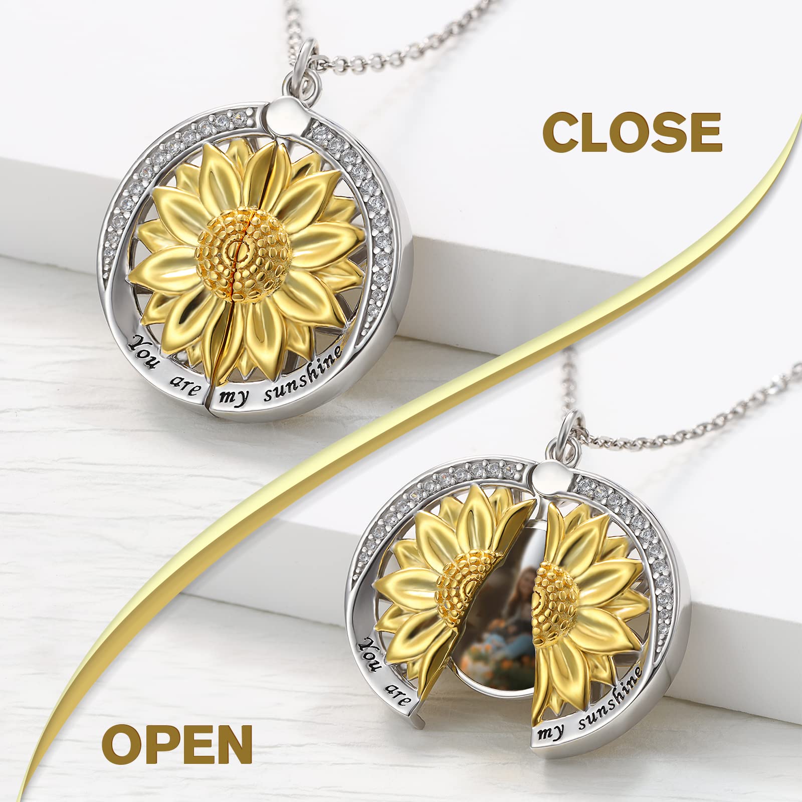 You are My Sunshine Necklace Sunflower Jewelry for Women - 925 Sterling Silver Locket with Engraved Hidden Message Pendant Mother's Day Gifts for Couples Mother Daughter (Gold Photo Locket)