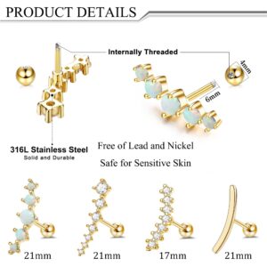 FIBO STEEL 4 Pcs 16G Cartilage Stud Earrings for Women Opal CZ Bar Helix Conch Daith Piercing Jewelry Set Gold-tone