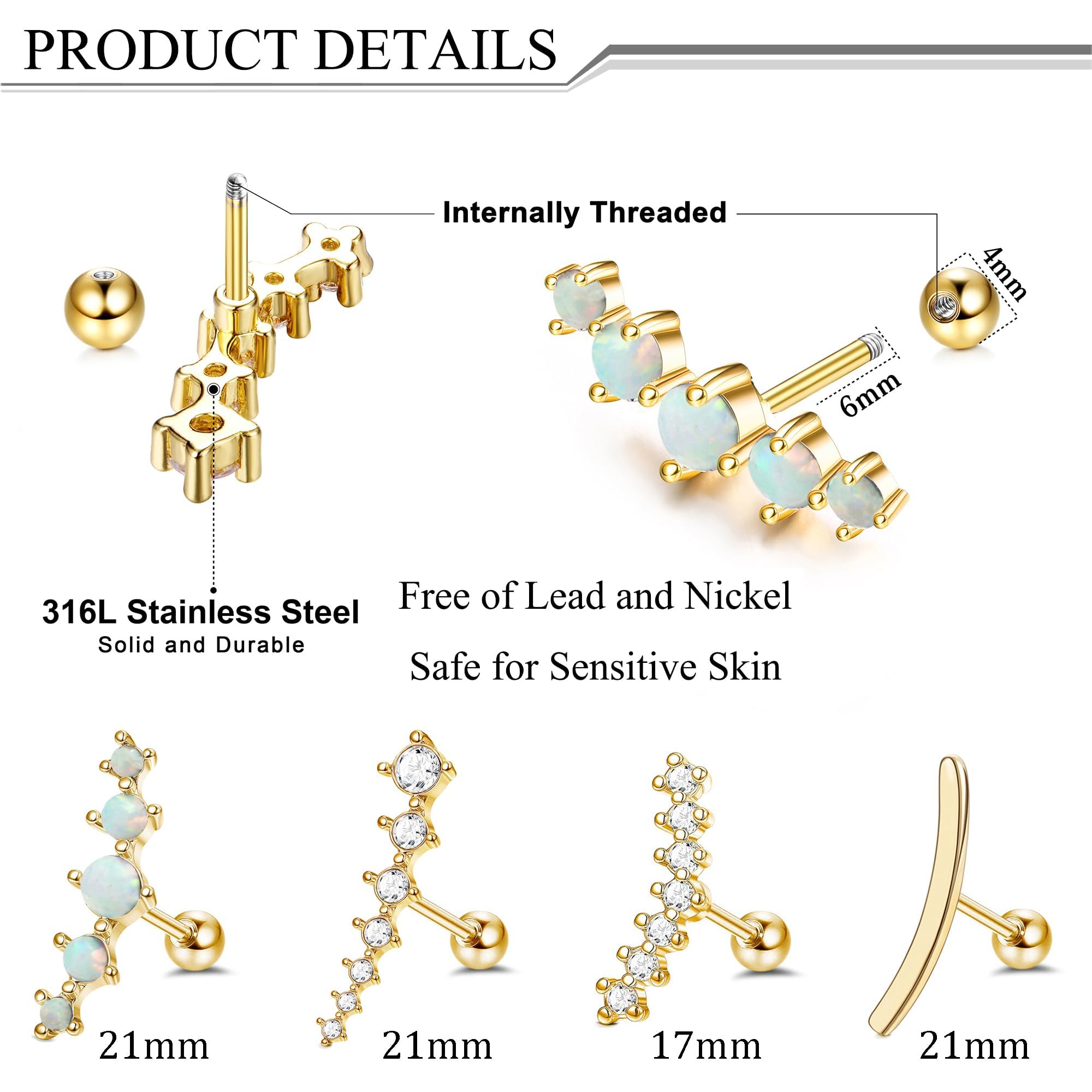 FIBO STEEL 4 Pcs 16G Cartilage Stud Earrings for Women Opal CZ Bar Helix Conch Daith Piercing Jewelry Set Gold-tone